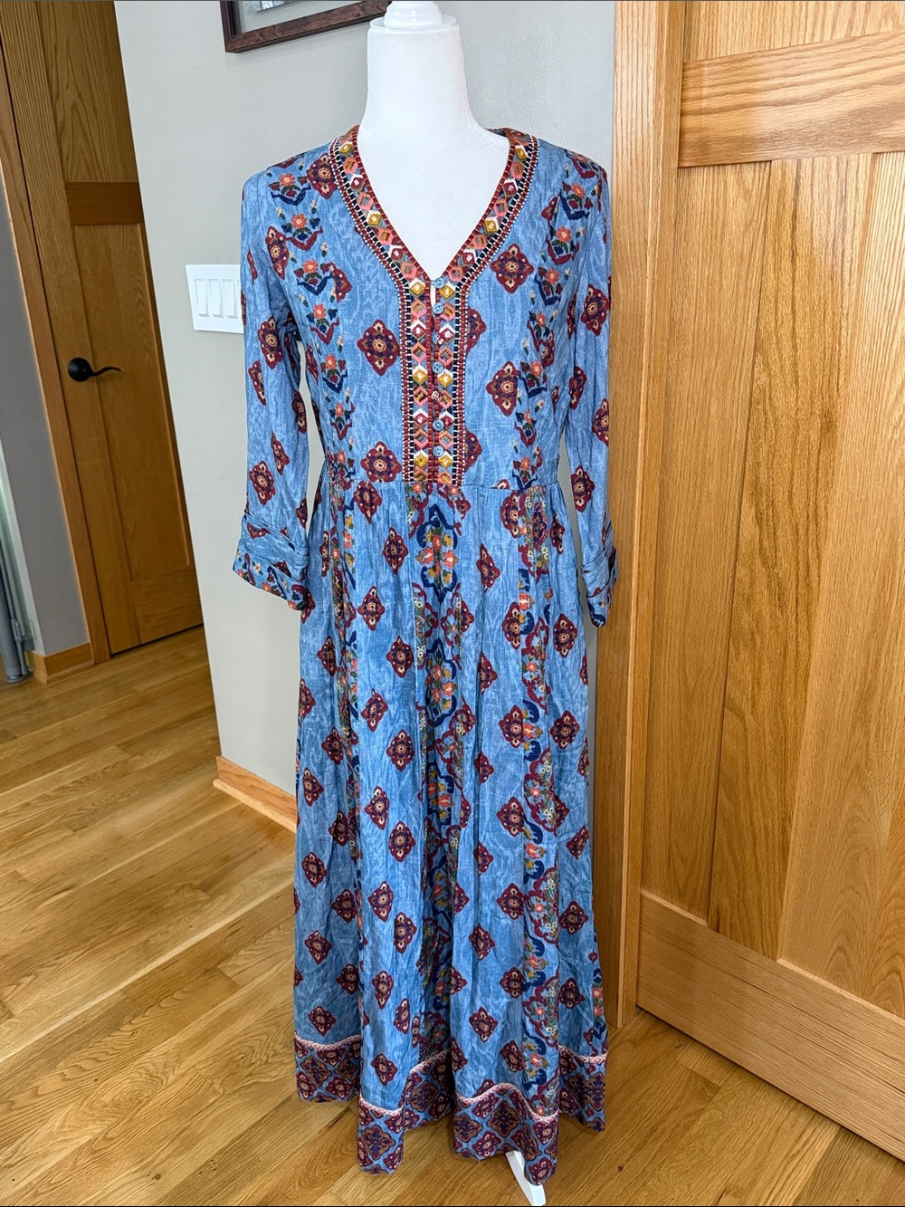 Soft Surroundings Blue Beaded and Embroidered V-Neck Maxi Dress with Red Accents